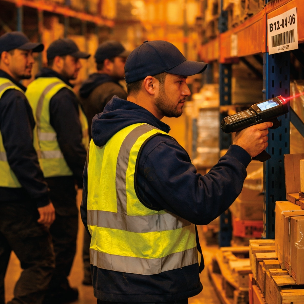 Trabajador de almacén escaneando código de una caja.