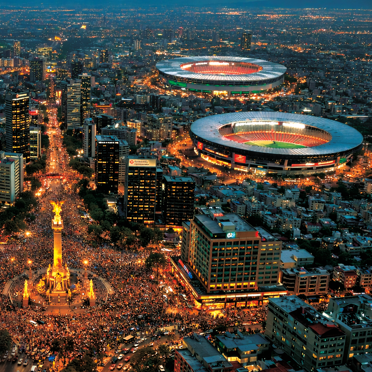 Vista de ciudad en México con estadios de futbol y angel de la independencia