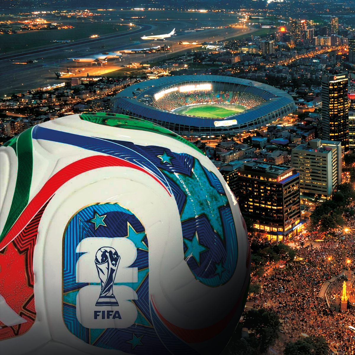 Balón de mundial 2026 con fondo de la ciudad de México y aeropuerto.