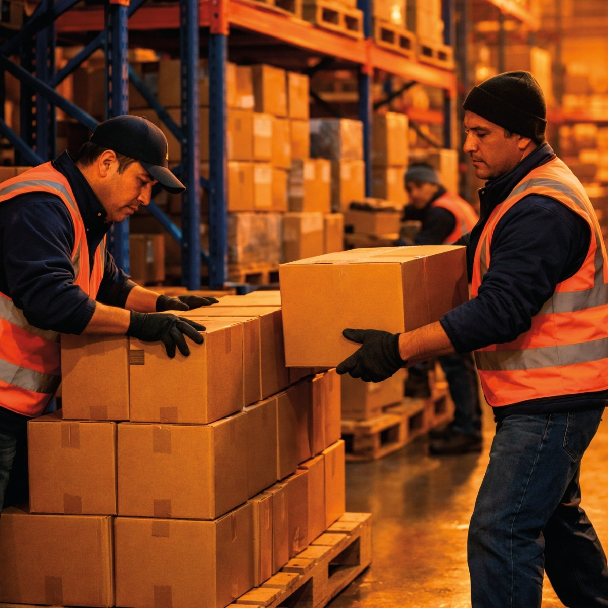 trabajadores de almacén organizando cajas.