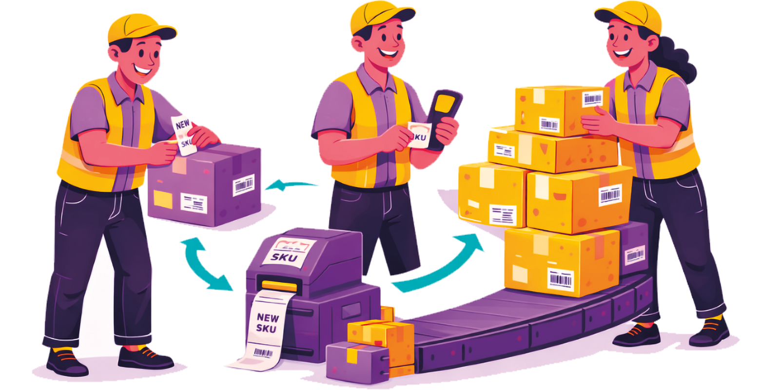 Animación de personal de almacén etiquetando cajas que salen de una banda transportadora.