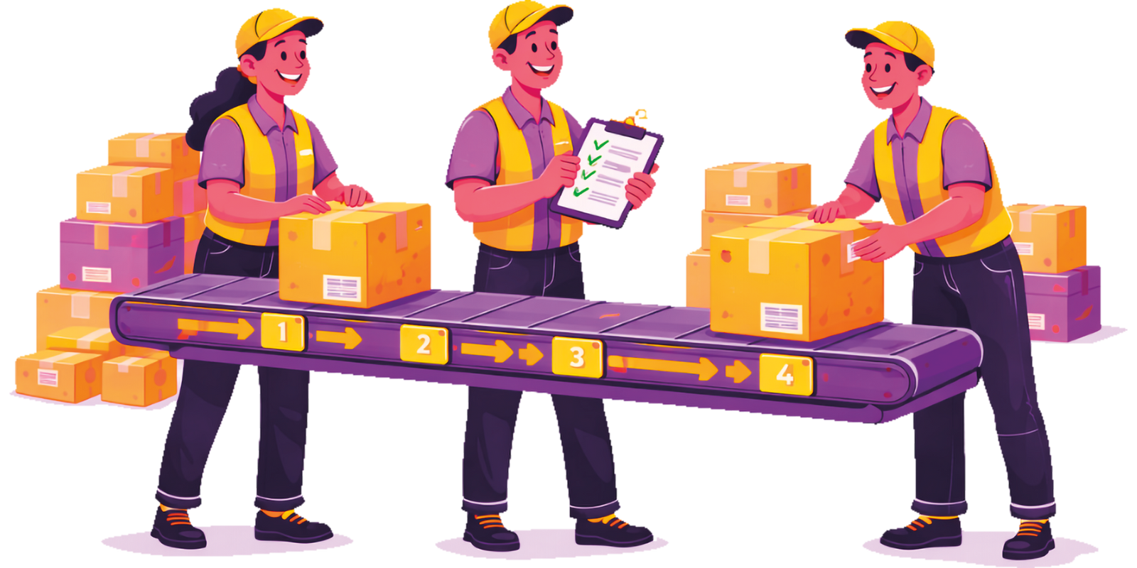 Animación de personal de almacén con cajas en una banda transportadora.