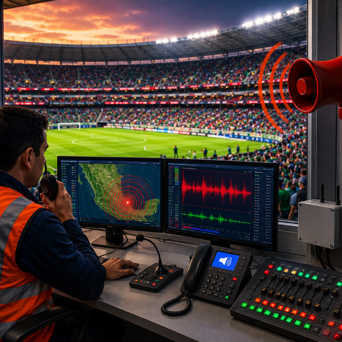 Ilustración del artículo «Seguridad que se escucha: alertas sísmicas en estadios y eventos masivos»